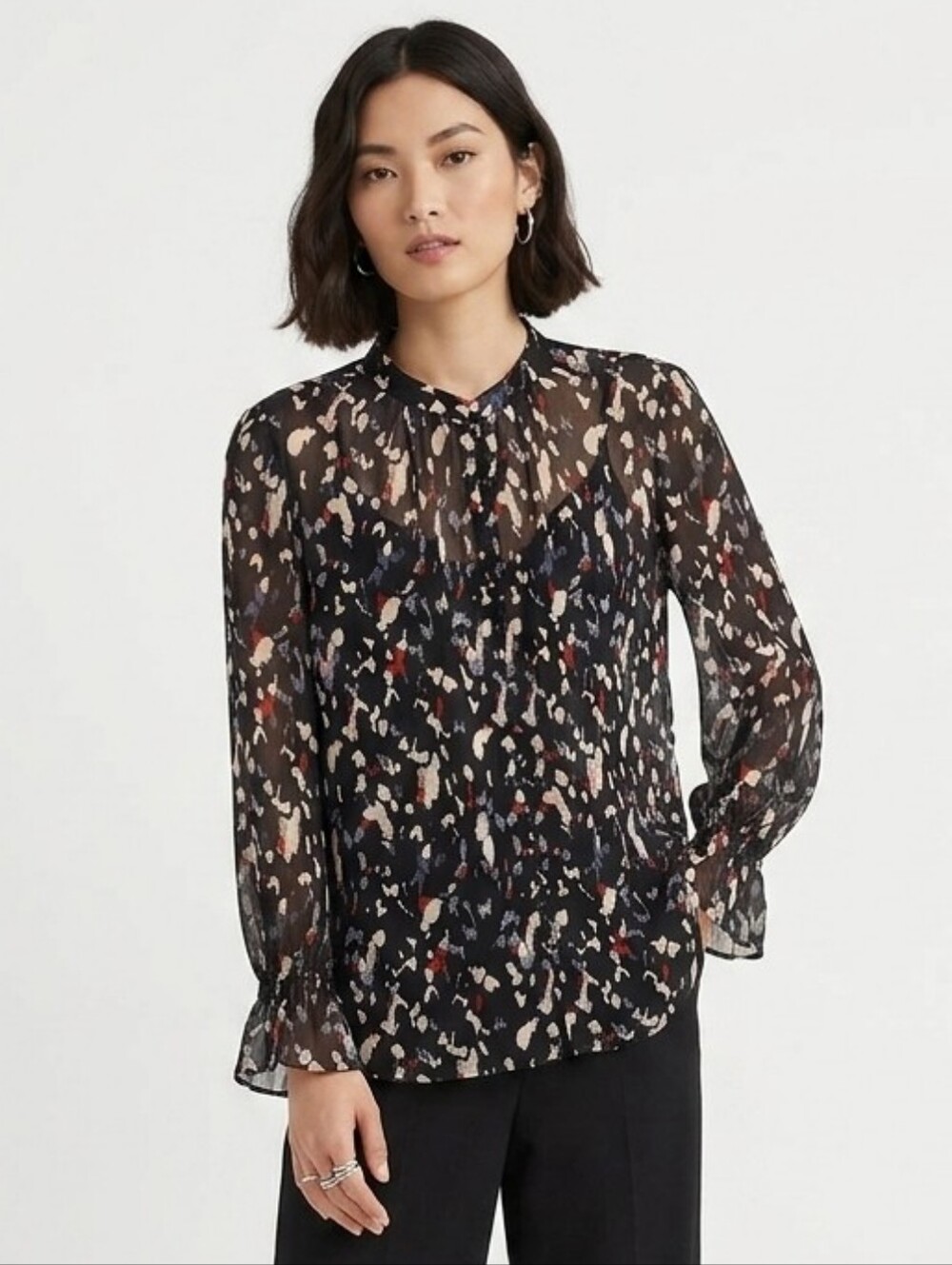 Club Monaco Black Sheer Printed Long-Sleeve Blouse S 4